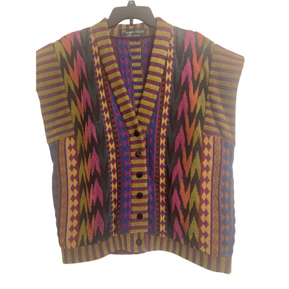 Vtg 80s Maggie White XL Tapestry Patchwork Wool Cotton Knit Vest Winter - Picture 1 of 8